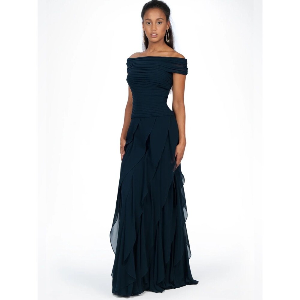 Tadashi Shoji Off-Shoulder Flounce Evening Gown Navy Blue Formal Wedding 8 NWT